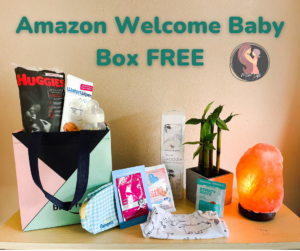 a welcome box and bag from amazon full of free baby products that were delivered by mail