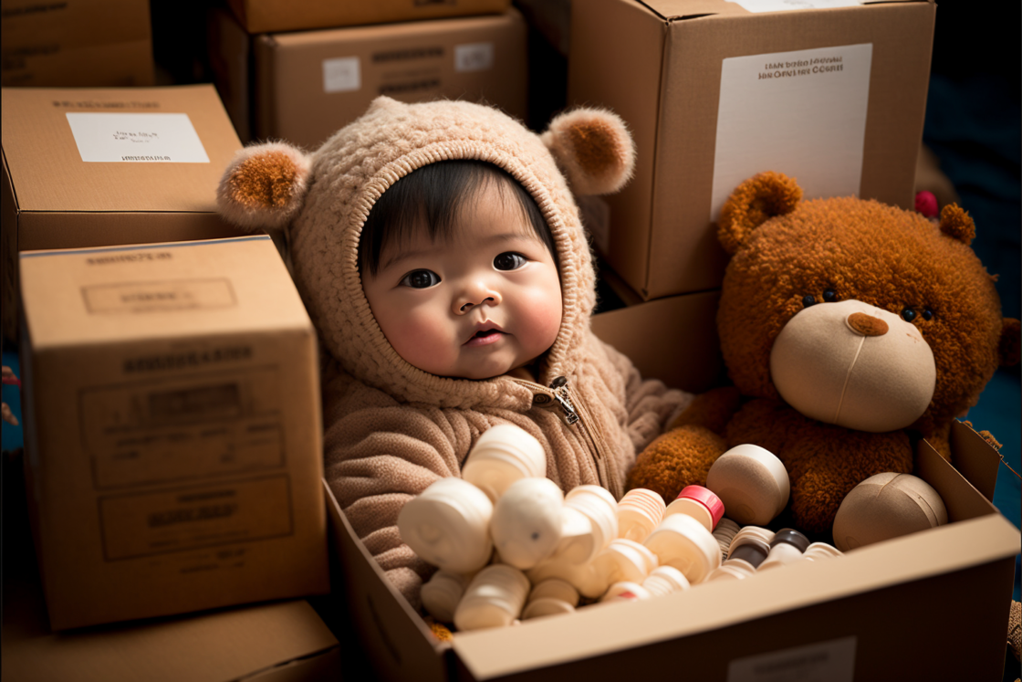 cute baby with teddy bear hat in shipping boxes