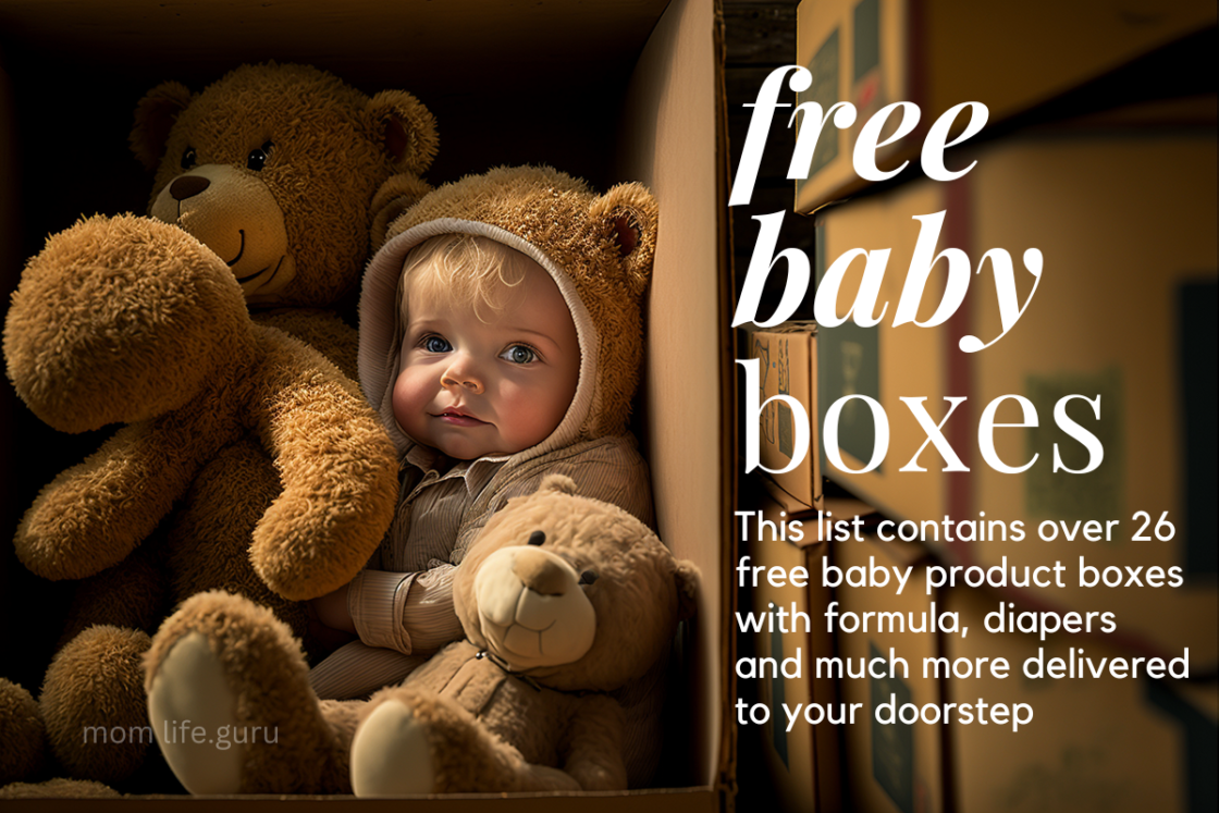 cute baby with teddy bear in shipping boxes